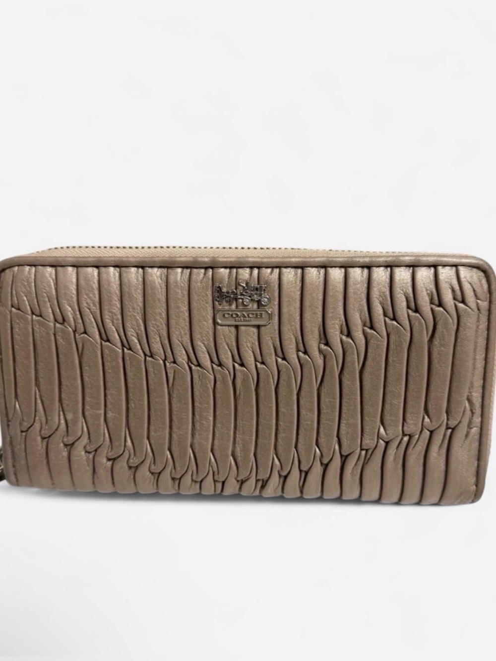 Coach Zip Around Leather Pleated Wallet in Light Taupe